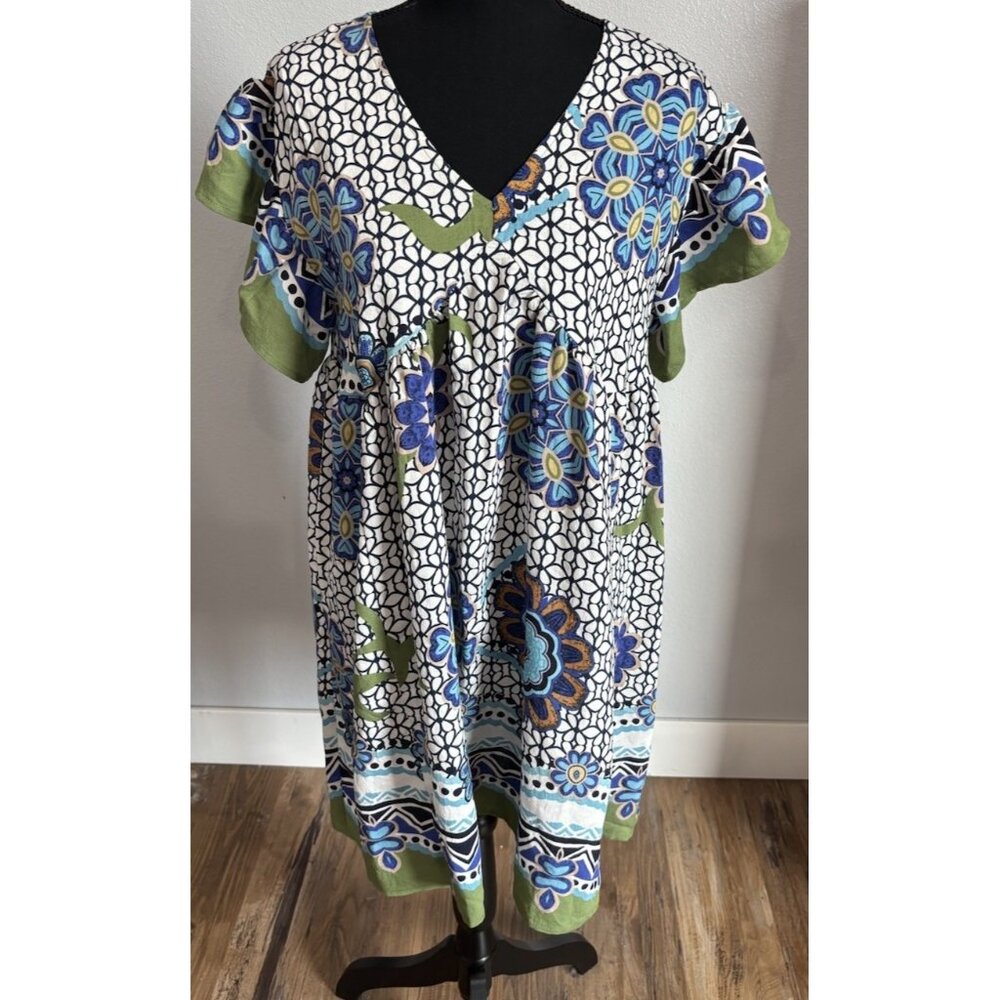 Floral V-Neck Dress - Blue and Green